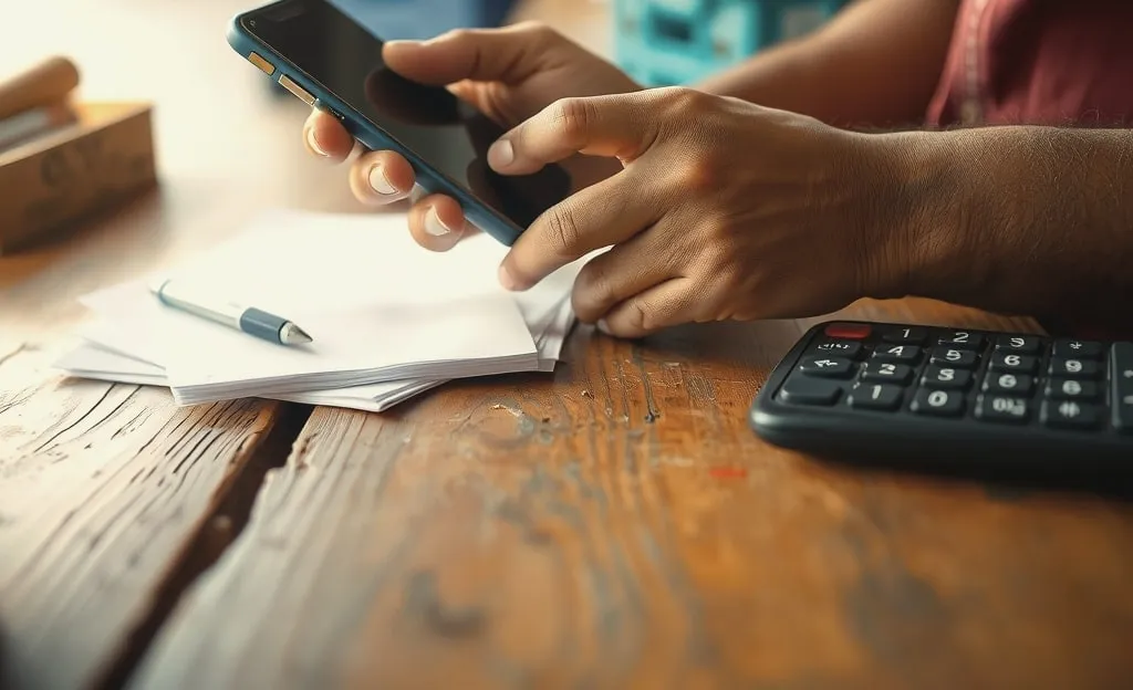 Hands holding a phone over a pad of slips on a wooden shop counter, beside a calculator