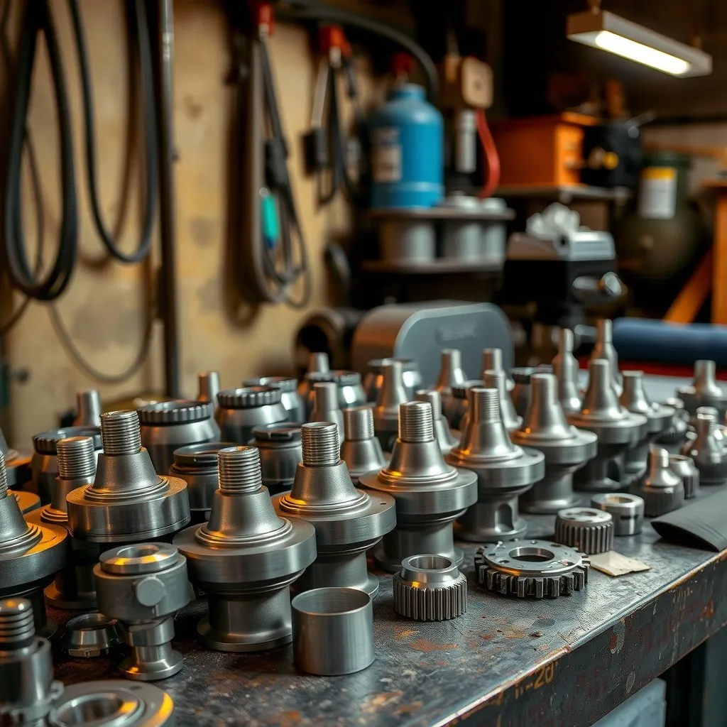 Machined metal parts lined up on a workshop bench